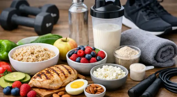 Repas équilibrés pour manger avant ou après le sport le soir : poulet grillé, riz, fruits, fromage blanc, œufs, noix, et shaker protéiné.