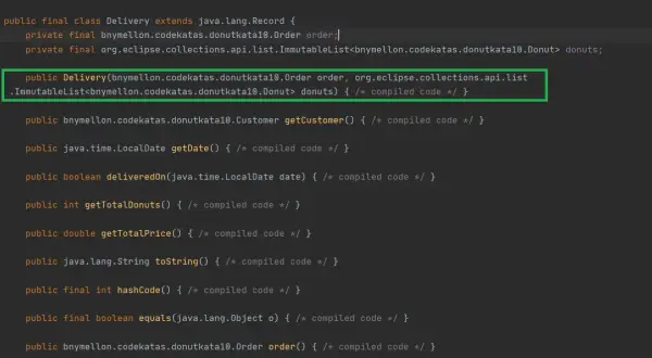 Code Java montrant une classe `Delivery` qui `extends java.lang.Record`, gérant une commande et une liste de donuts.