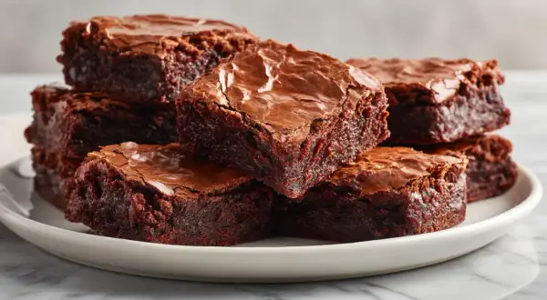 Pyszne brownie z airfryer, idealnie wilgotne w środku i lekko chrupiące na wierzchu, ułożone na białym talerzu.