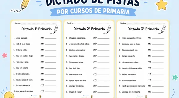 Hojas de dictado para 1º, 2º y 3º de primaria con ejercicios de vocabulario y escritura.
