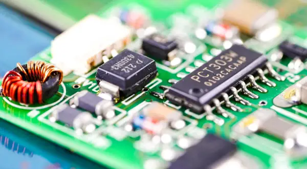 Zbliżenie na zieloną płytkę drukowaną z widocznym układem scalonym PCT303M, cewką i innymi komponentami elektronicznymi.