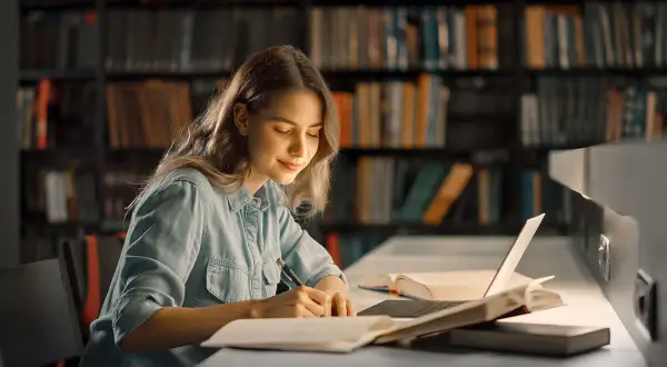 Młoda kobieta w bibliotece pisze notatki, inspirując się książkami motywacyjnymi top 10.