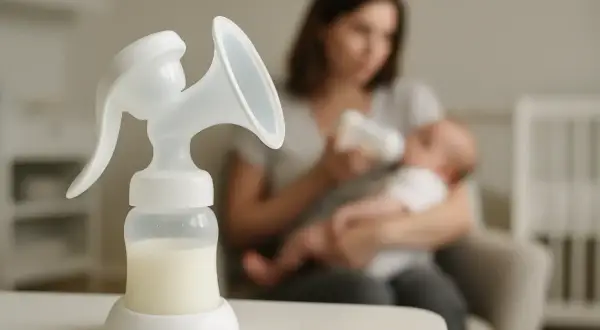 Laktacja w pełni. Laktator z mlekiem na pierwszym planie, w tle mama karmiąca dziecko butelką.