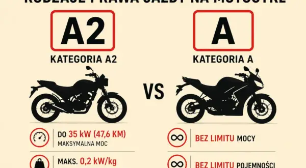 Porównanie motocykli: kategoria A2 (do 35 kW) vs kategoria A (bez limitu mocy i pojemności).