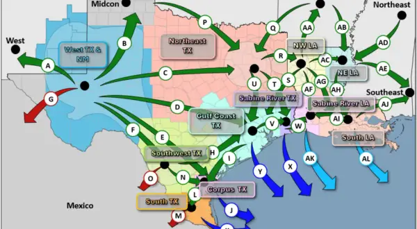 Mapa pokazuje przepływ gazociągów z Teksasu i Luizjany do różnych regionów USA.