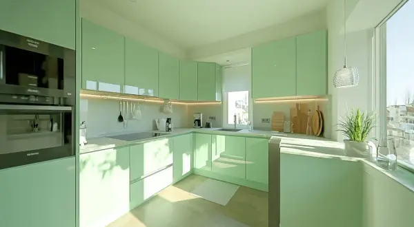 Moderne Küche in mint Farbe mit integrierten Geräten, Spüle und viel Stauraum. Helle Holzfußböden und ein großes Fenster lassen viel Licht herein.