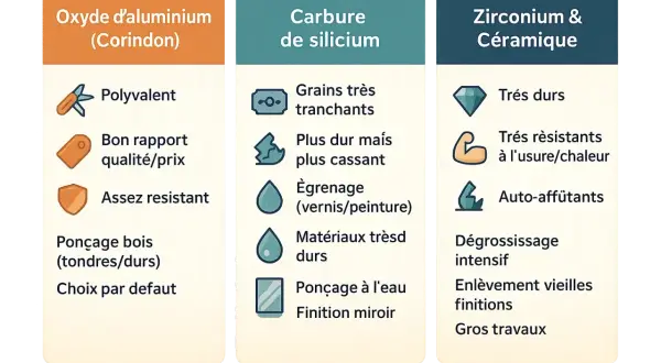 Comparaison des grains abrasifs : oxyde d'aluminium (polyvalent, idéal pour quel grain pour poncer bois), carbure de silicium (très tranchant) et zirconium/céramique (très dur).