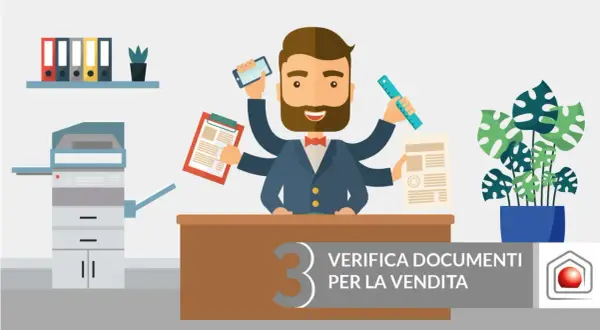 Uomo multitasche con documenti e smartphone, pronto per il fondo servente. Verifica documenti per la vendita.