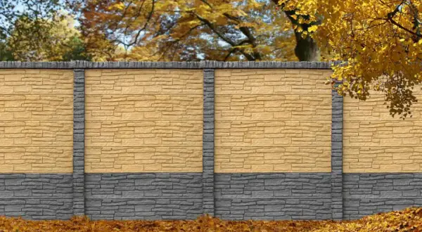 Piękny, dwukolorowy beton dekoracyjny, który można odświeżyć, pytając czym pomalować beton dekoracyjny. Jesienne liście wokół.