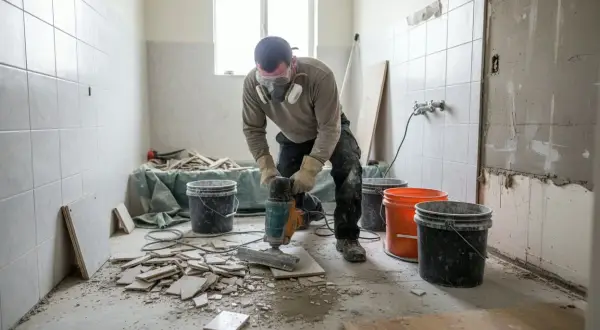 Operaio con maschera e occhiali demolisce piastrelle pavimento. Il cantiere è in corso, con secchi e detriti. Valutazione costo demolizione pavimento.