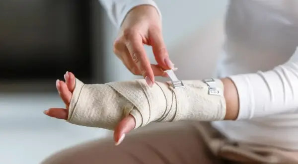 Osoba starannie wykonuje bandażowanie ręki, zabezpieczając ją elastycznym materiałem i zapinając na klipsy.