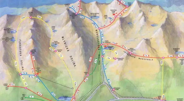 Mapa turystyczna Tatr Słowackich: szlaki w rejonie Szczyrbskiego Jeziora i Doliny Mięguszowieckiej.