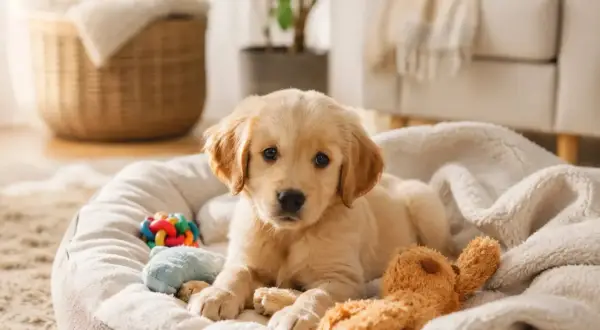 Adorable cachorro dorado descansa en su cama con juguetes. Ideal para quienes buscan perros hipoalergénicos.