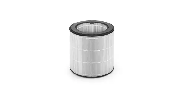 Cylindryczny filtr nanoprotect hepa z białym, plisowanym wkładem i czarną ramką.