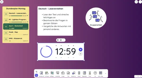 Classroomscreen Deutsch: Stundenplan mit Deutsch-Aufgaben, Timer und Gruppenarbeit-Symbol.