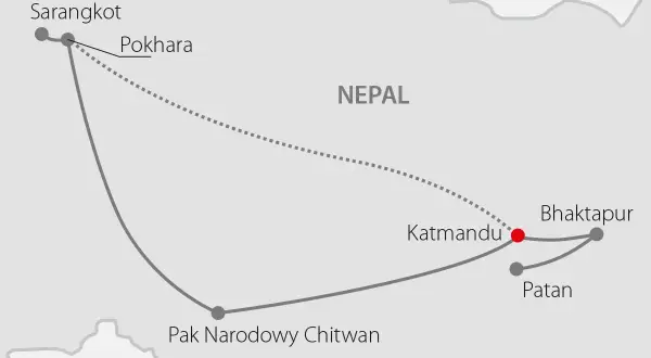 Mapa pokazuje, gdzie jest Nepal, z zaznaczonymi miastami: Sarangkot, Pokhara, Katmandu, Bhaktapur, Patan i Park Narodowy Chitwan.