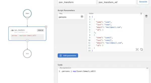 Un flux de travail avec une étape de transformation JSON JQ. L'expression JQ transforme les données pour mapper les champs email et id.