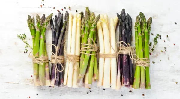 Mazzi di asparagi verdi, bianchi e viola legati con spago. Ideali per scoprire il giusto tempo cottura asparagi.