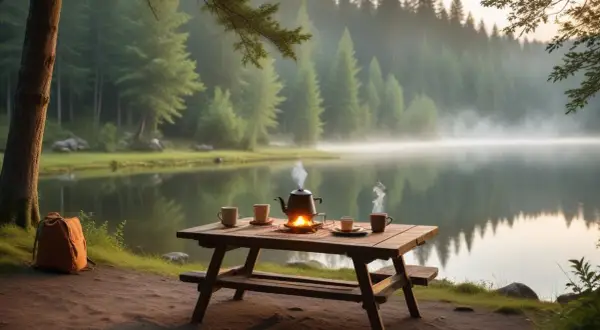 En idyllisk morgon vid en sjö. En picknickbänk med kaffepanna och muggar, redo för en härlig kaffe vandring.