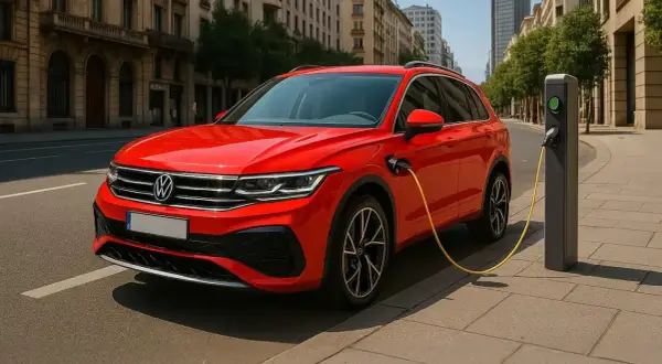 Un'auto rossa ibrida plug-in in carica, che mostra come funziona ibrido plug in.