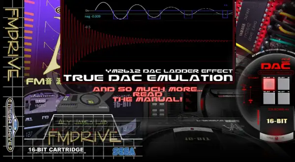 Aly James Lab FMDRIVE VST plugin, featuring YM2612 DAC emulation and true FM synthesis for 16-bit Sega Mega Drive sounds.