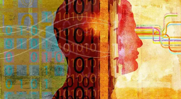 Sylwetka głowy z kodem binarnym w środku, symbolizująca ludzki umysł i jego związek z technologią. To obraz o silnym wydźwięku humanizmu.
