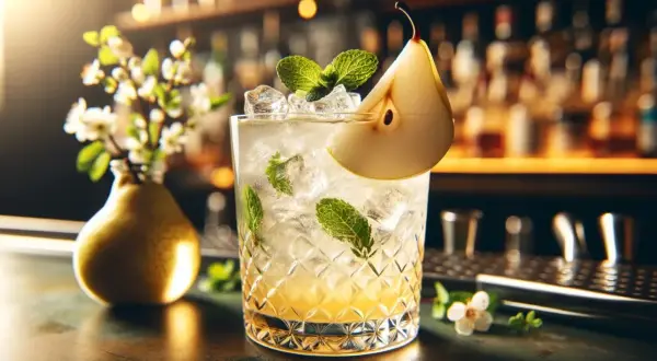 Orzeźwiający absolut gruszkowy drink z plasterkiem gruszki i miętą, ozdobiony kwiatami, na tle baru.