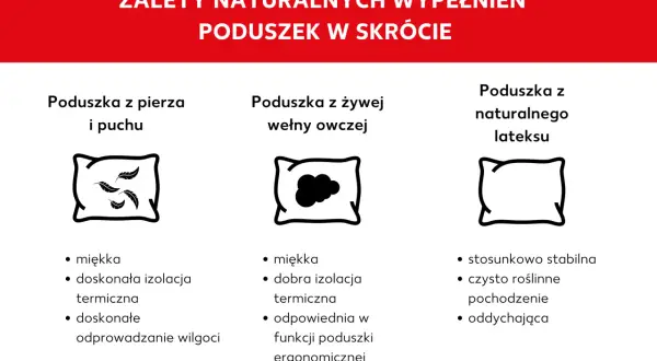 Porównanie naturalnych wypełnień do poduszek dekoracyjnych: puch, wełna owcza i lateks.