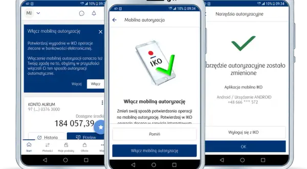 Jak pobrać aplikację IKO na telefon? Trzy ekrany smartfonów pokazują proces włączania autoryzacji mobilnej w aplikacji bankowej.