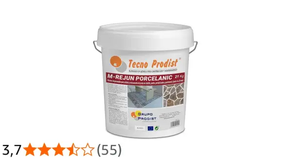 Balde blanco de mortero sin retracción M-REJUN PORCELANIC 21 Kg de Tecno Prodist, ideal para juntas de ladrillo y piedra.