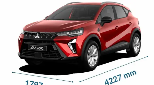 Czerwony Mitsubishi ASX, z wymiarami 1797 mm szerokości i 4227 mm długości, prezentuje nowoczesny design.