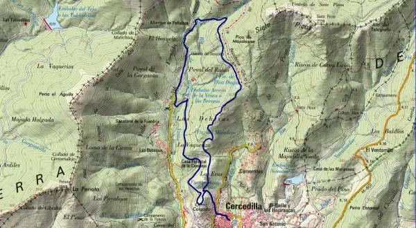 Ruta de senderismo en Cercedilla, con el camino del agua marcado en azul.