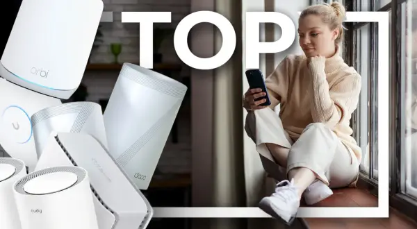 Dowiedz się, wifi mesh co to jest. Zobacz nowoczesne routery i kobietę korzystającą z telefonu.