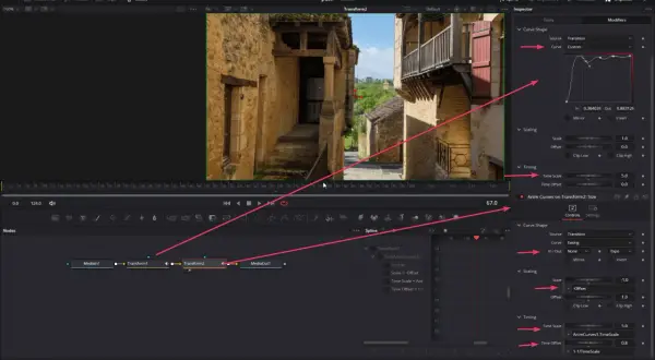DaVinci Resolve nodes showing custom animation curves for free DaVinci Resolve transitions, with scaling and timing adjustments.