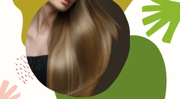 Kobieta z lśniącymi, blond włosami, usta z pomadką, na tle abstrakcyjnych kształtów.