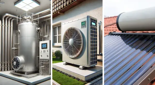Moderne Heizung für Ihr Haus: Wärmepumpe, Solarthermie und ein großer Warmwasserspeicher sorgen für Effizienz.