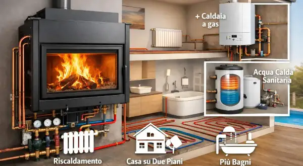 Schema di un impianto termocamino a legna che riscalda una casa su due piani, con acqua calda sanitaria e possibilità di integrare una caldaia a gas.