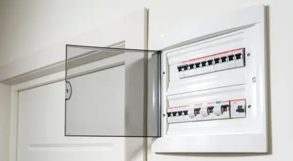 Otwarta biała skrzynka z bezpiecznikami elektrycznymi i przezroczystą klapką.