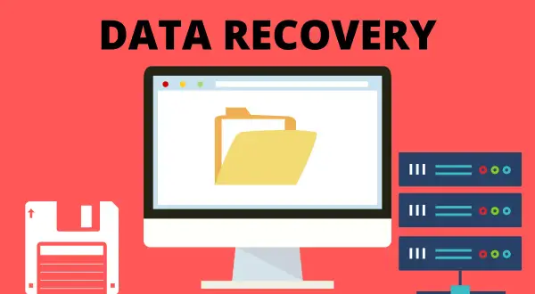 Grafika przedstawia komputer z otwartym folderem, dyskietkę i serwery. Tekst "DATA RECOVERY" sugeruje, że chodzi o programy do odzyskiwania danych.