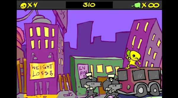 A yellow alien with a ray gun stands on a bus, facing armed men. This scene is from a game, possibly demonstrating how to make a .swf file.