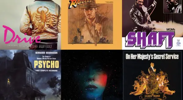 Eine Filmmusik Liste mit Covern von "Drive", "Raiders of the Lost Ark", "Shaft", "Psycho", "Under the Skin" und "On Her Majesty's Secret Service".