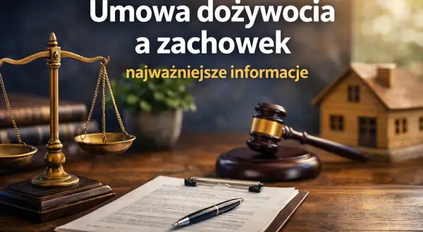 Waga sprawiedliwości, młotek sędziowski i dokumenty. Umowa dożywocia i zachowek – kluczowe informacje dla spadkobierców.