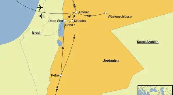 Reiseroute durch Jordanien: Amman, Wüstenschlösser, Totes Meer, Madaba, Nebo, Petra, Wadi Rum. Flugrouten und Nachbarländer wie Israel und Saudi-Arabien sind markiert.