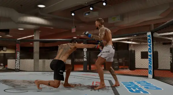 Two fighters in a UFC octagon. One fighter is on one knee, throwing a punch, showcasing advanced boxing combinations.