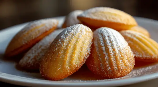 Goldbraune Madeleines, bestäubt mit Puderzucker, warten auf das perfekte Madeleines Rezept.