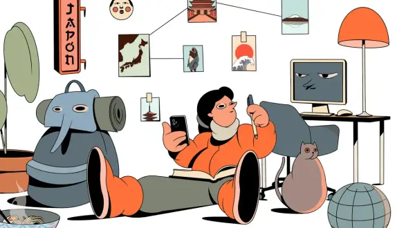Una persona planea su viaje a Japón, rodeada de imágenes icónicas y un globo terráqueo. ¡Excelentes consejos de viaje para inspirarte!