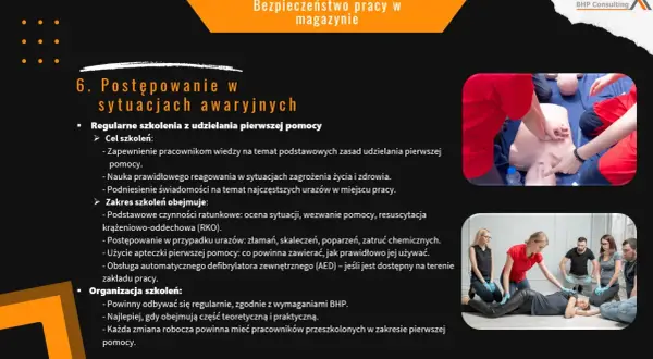 Szkolenie z pierwszej pomocy w magazynie: ćwiczenia RKO na fantomie i nauka obsługi AED. BHP w magazynie to podstawa.