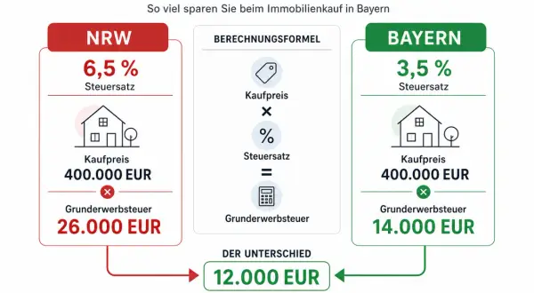 Vergleich der Grunderwerbsteuer in NRW (6,5%) und Bayern (3,5%) bei 400.000 EUR Kaufpreis. Ersparnis beim Kauf in Bayern: 12.000 EUR.