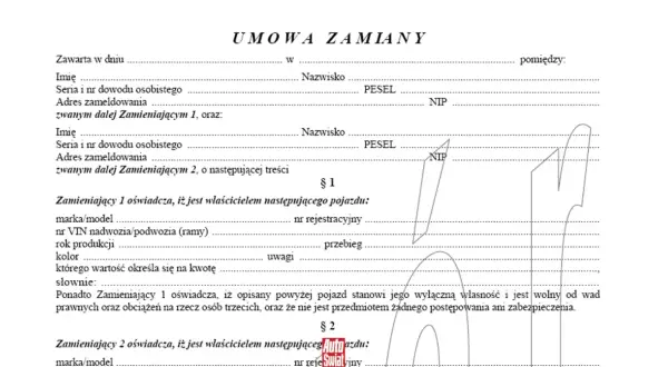 Umowa zamiany samochodu: dokument zawiera dane stron, szczegóły pojazdów i oświadczenia o własności.