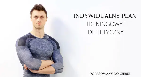 Mężczyzna w sportowym ubraniu, z tekstem "Indywidualny plan treningowy i dietetyczny". Dowiedz się, po jakim czasie widać efekty ćwiczeń w domu.
